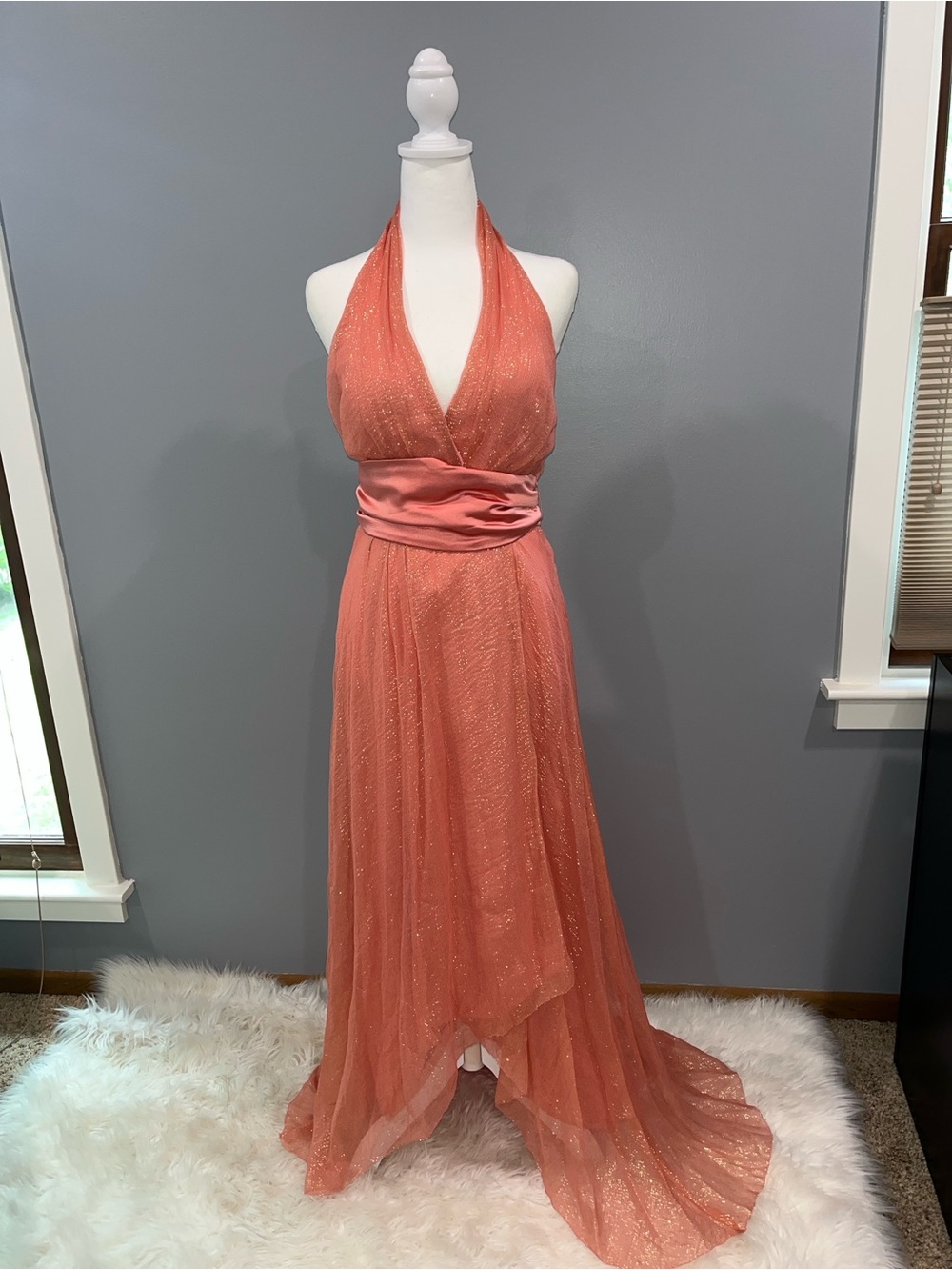 Halter High-Low Coral Evening Dress with Satin Waist